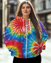 Women's Plus Fashion Rainbow Color Tie Dye Print Long Sleeve Zipper Hoodie